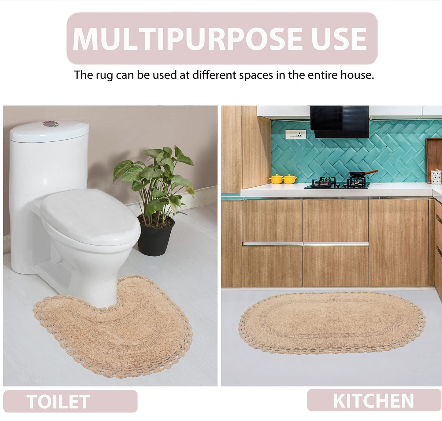 Home Weavers Hampton Crochet Reversible Bathmat 100% Cotton Bathroom Rugs Set, Washable Rug, Extra Soft and Absorbent Bath Rug, Kitchen Mat, Bath Mat Set, Mat Non Slip, 4 Piece Set with Runner, Linen