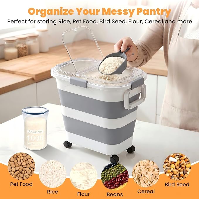 30 Lbs Rice Storage Container with Wheels, Collapsible Airtight Dog Food Storage Container with Transparent Lid, Measuring Cup, Scoop, Handle, BPA Free Rice Holder for Pet Food, Grain, Bird Seed