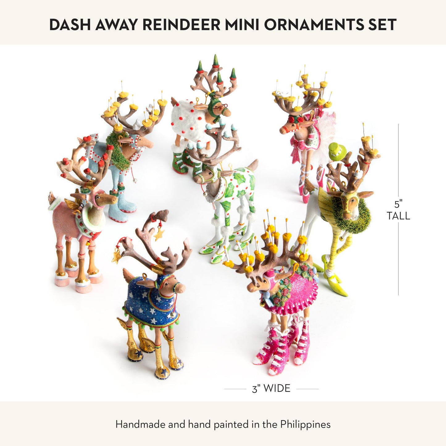 MACKENZIE-CHILDS Patience Brewster Dash Away Christmas Ornament, Indoor Christmas Decorations for the Christmas Tree, Mini Reindeer Set