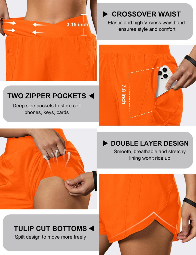 Blooming Jelly Women's Workout Shorts Athletic Running Casual Summer Quick Dry Gym Active Shorts with Zipper Pocket (Orange,Large)