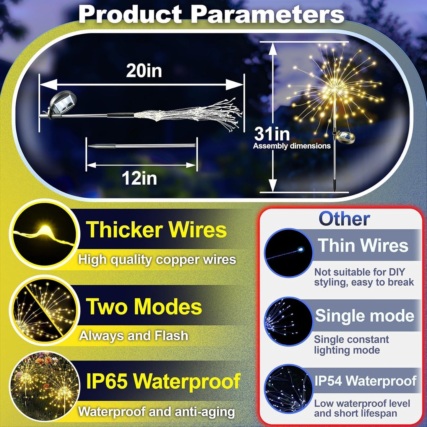 Anordsem Solar Lights Outdoor Waterproof: 2 Pack Garden Light - Bendable Copper Wire with 120 LED Firework Beads - DIY Warm Fun Decoration for Yard Patio - Twinkle Sparkler Gifts for Women Wife