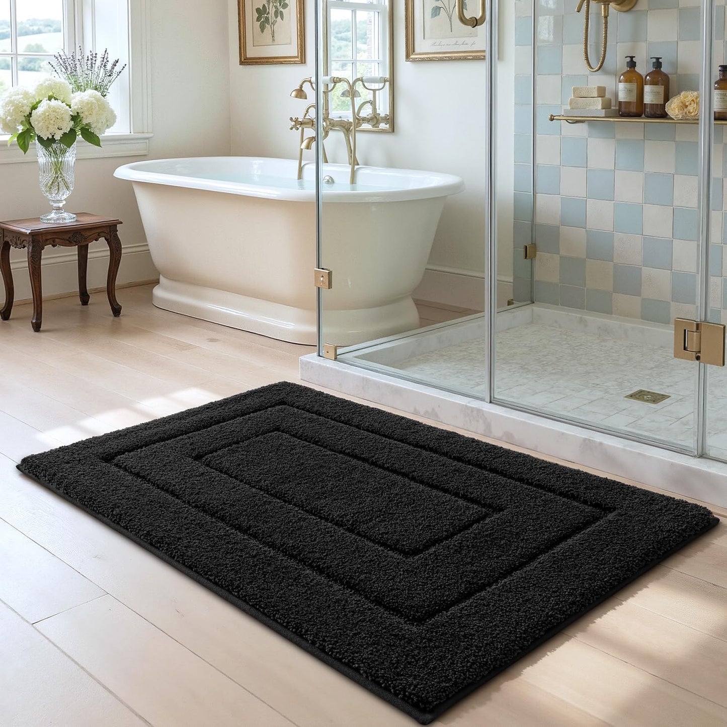 DEXI Bathroom Rug 43x24, Non Slip Washable Bath Mat for Shower Floor, Extra Large Absorbent Soft Bathmat with Rubber Backing, Quick Dry Microfiber Carpet, Black