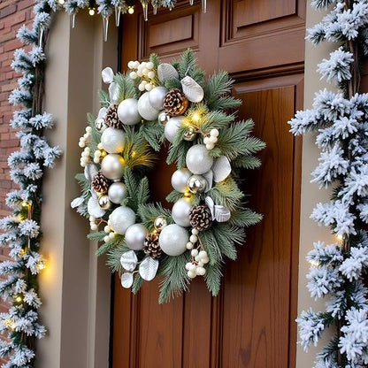 YULETIME 20-inch Christmas Wreath, Battery Operated Holiday Wreath with 20 Fairy Lights, Silvery Baubles, White Berries, Pine Cones, Silvery Leaves, Frosted Spruce Branches & Pine Needles (Silver)