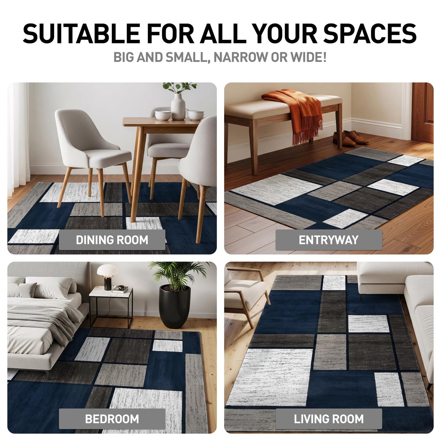 Rugshop Modern Geometric Boxes Navy Area Rug, Fade-Resistant Carpet for Bedroom, Office, or Entryway, 3'3" x 5'