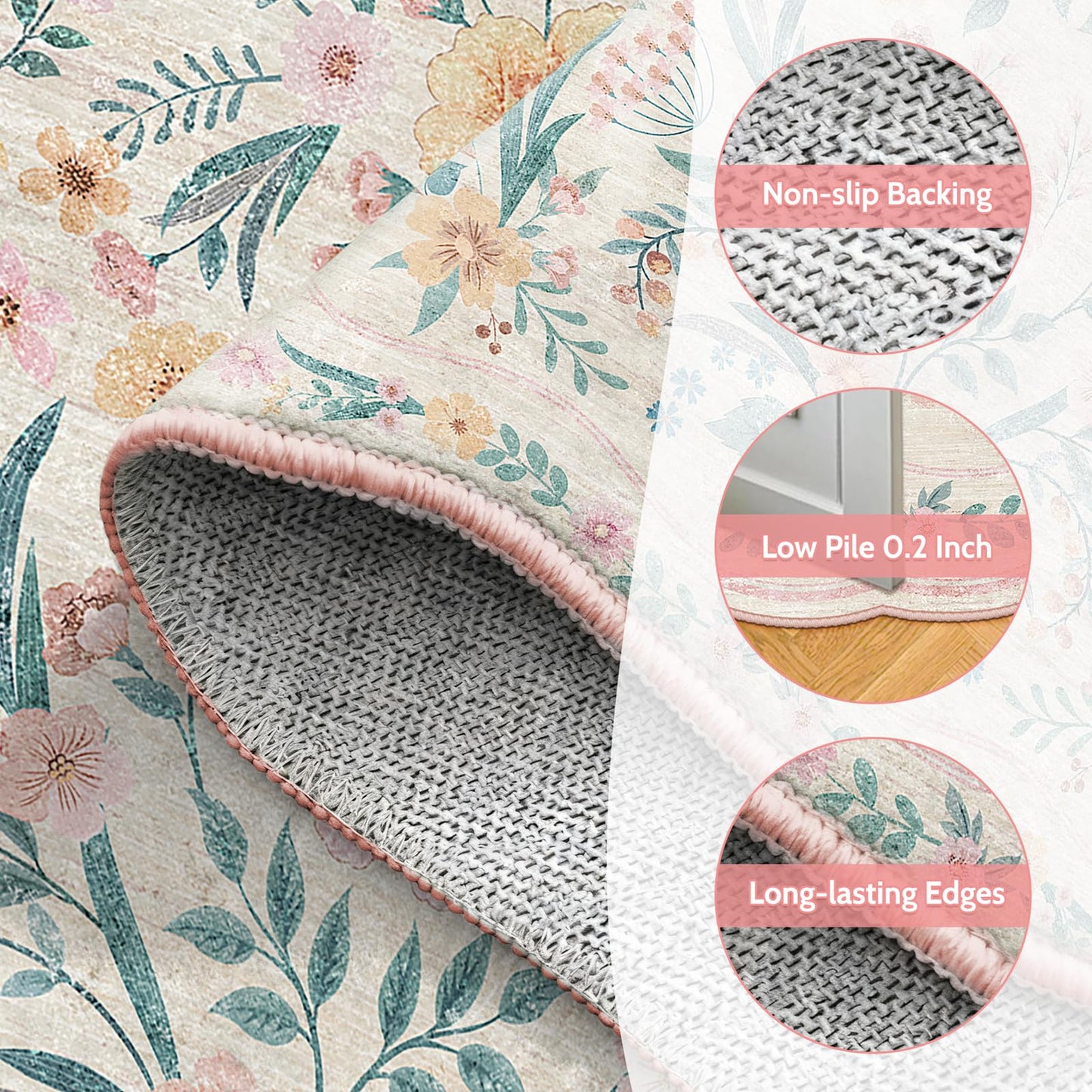 Dadasgk Scalloped Floral Runner Rug 2x6, Pink Washable Non-Slip Boho Hallway Rug, Soft Cute Carpet Runner for Kitchen, Bathroom, Laundry, Entryway or Bedroom