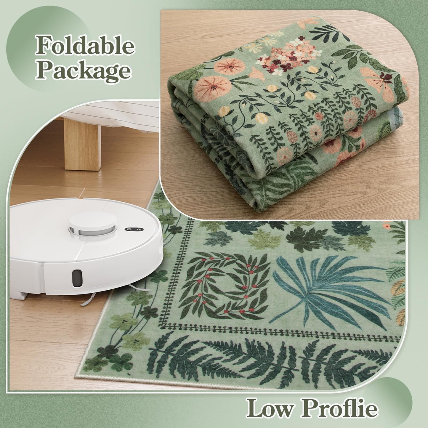 Zealude Floral Boho Washable 5x7 Area Rug for Living Room, Green Botanical Rug for Bedroom Dining Room Low Pile Non Slip, No Shed Large Carpet for Home Office Decor