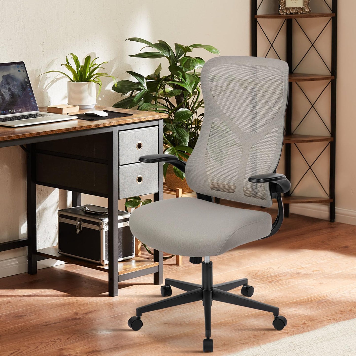 Sweetcrispy High Back Office Chair - Ergonomic Computer Gaming Mesh Chairs with Lumbar Support, with Soft Flip Up Arms, Adjustable Height and 360° Wheels, 120° Tilt, Grey