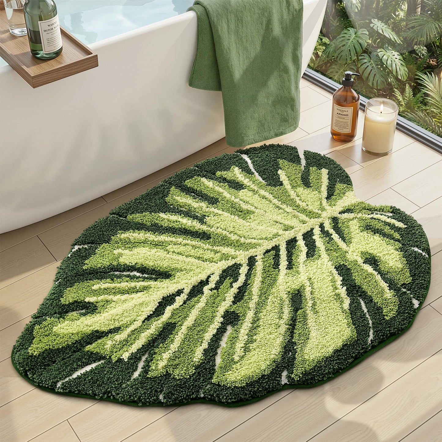DEXI Leaf Bathroom Rugs Monstera, 31.5x23.5 Soft Fluffy Cute Bath Mat with Non Slip Backing, Washable Absorbent Bath Rug Quick Dry for Shower Floor, Toilet, Bedroom, Kids Room, Green
