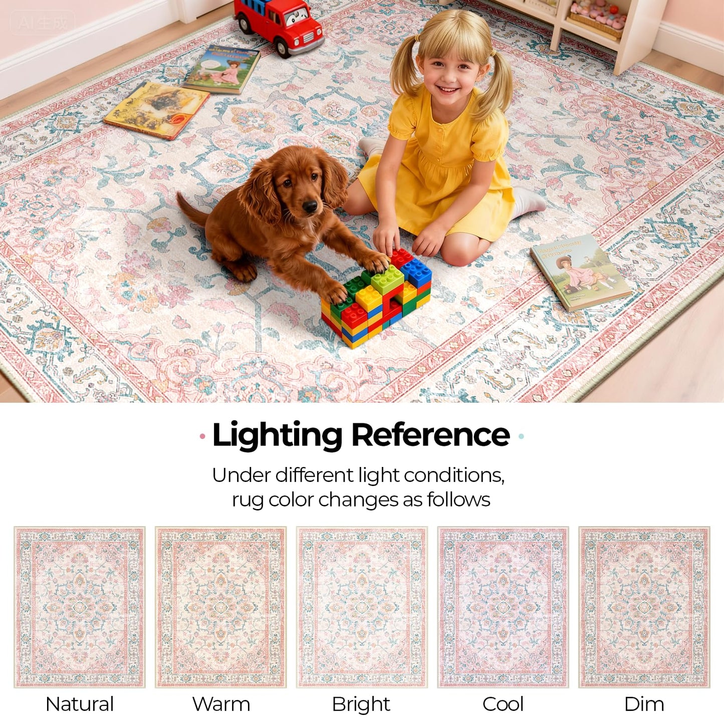 CAPALOCA Machine Washable Rugs Nursery Rug 5x7 Cute Girl Non Slip Low Pile Water Repellent Soft Print Pattern for Bedroom Indoor Decor Kids Playroom Pink Teal