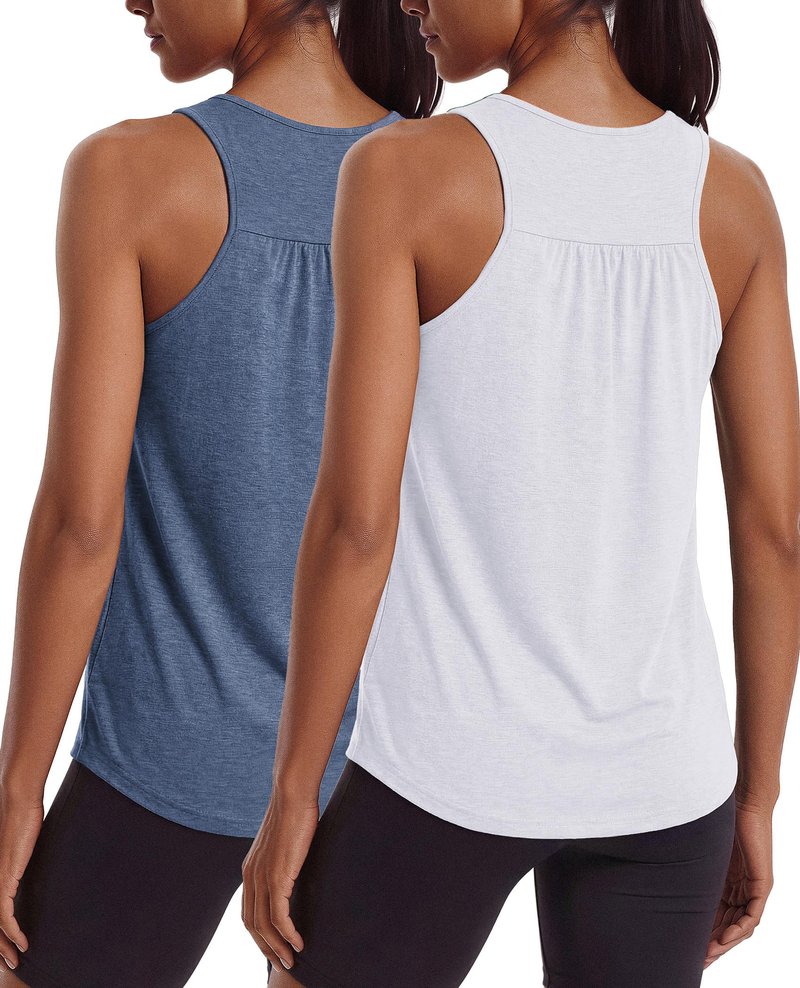 PINSPARK Women's Athletic Shirts & Tees Racerback Workout Tank Tops Sleeveless Yoga Gym Shirt Long Running Tennis Pickleball Outfits for Summer,Navy Blue/White L