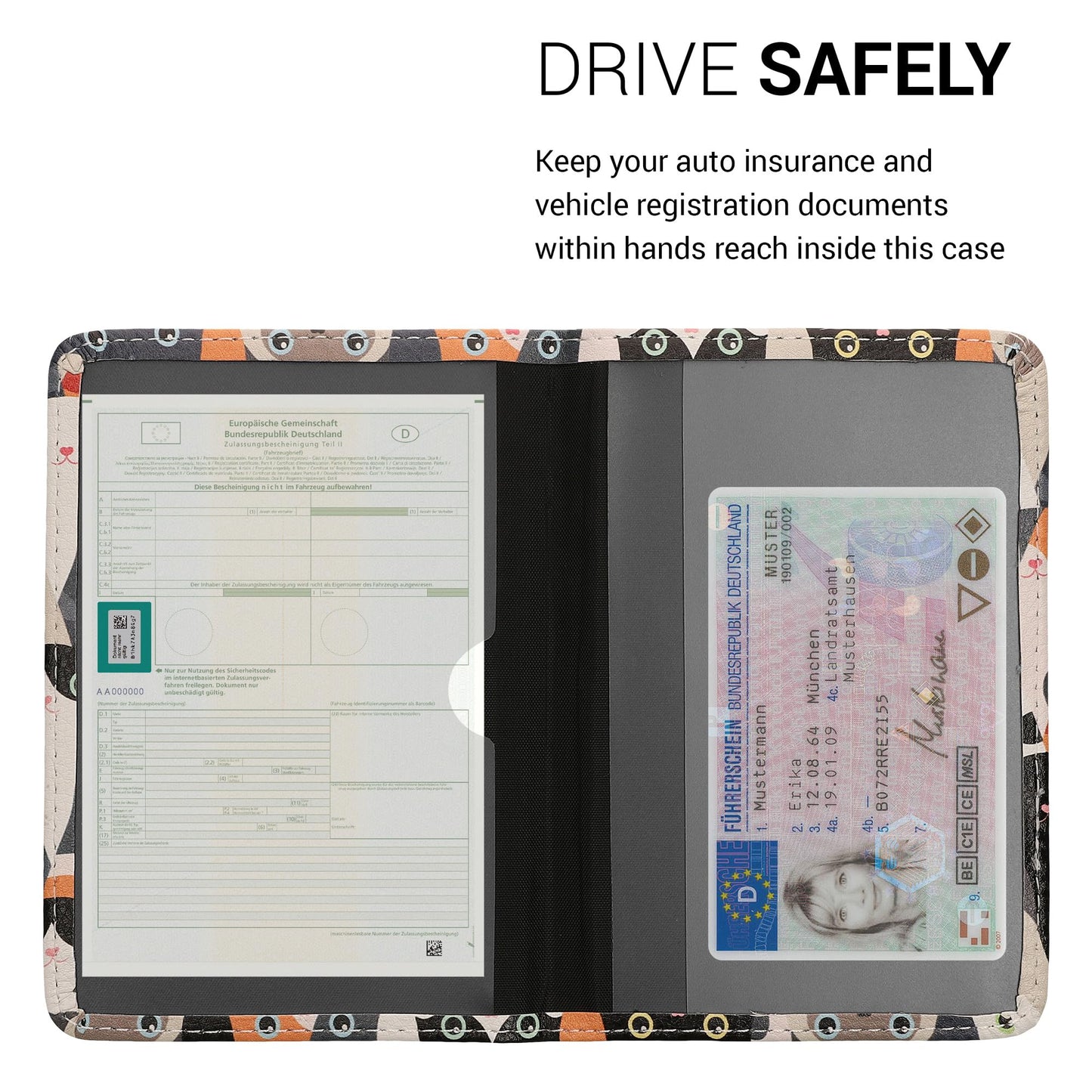 kwmobile Registration and Insurance Holder - Car Document Holder for Vehicle Documents and Cards - PU Leather with Design - Orange/Black/White