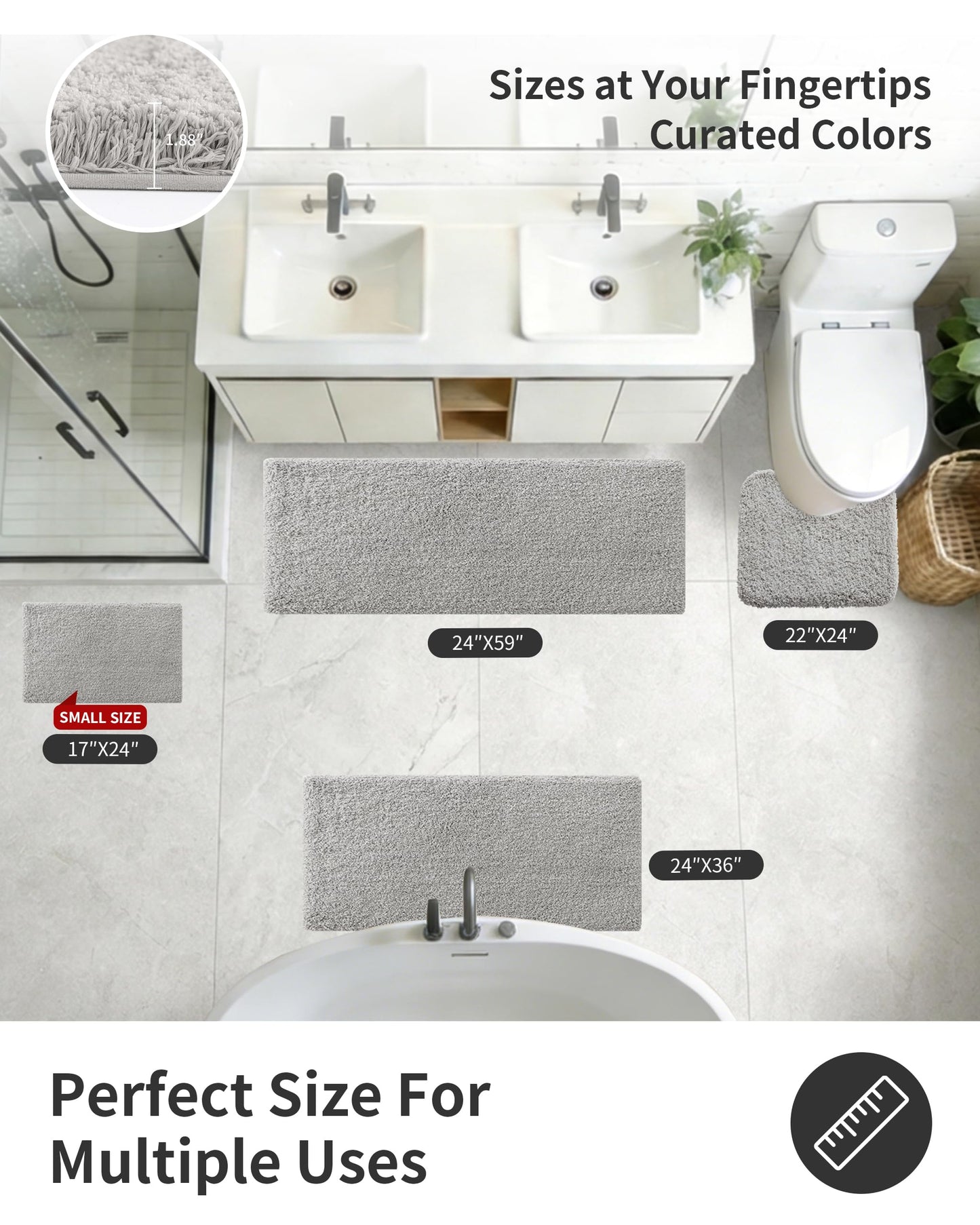 ILANGO Grey Toilet Rugs U Shaped 22" × 24" Non Slip & Super Absorbent Extra Thick Soft, Washable Bath Mats for Bathroom Floor, Microfiber Plush Shaggy Contour Bath Rugs for Toilet,Dry Quick