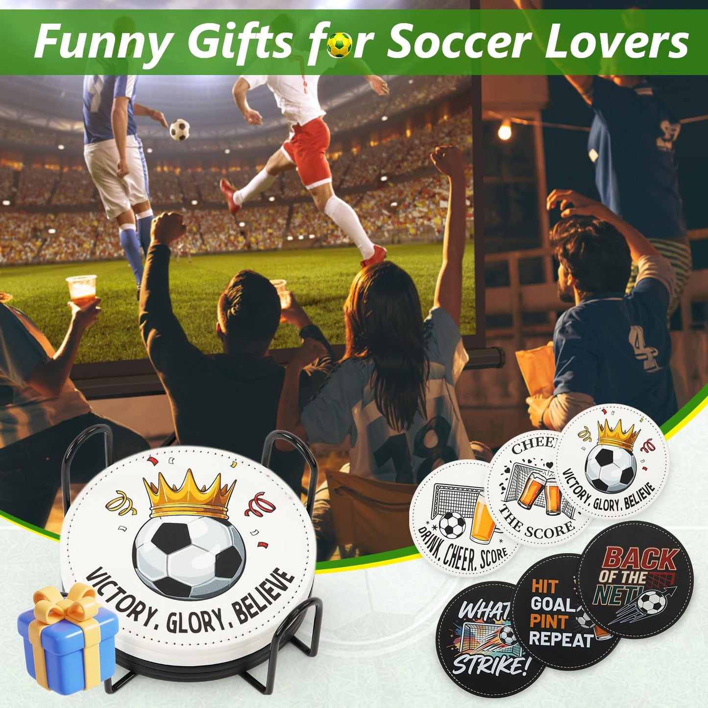 BEADJONE 6 Pack Soccer Coasters for Drinks Set, 3.9" Leather Football Coasters with Holder, Waterproof Tabletop Protection for Home Bar Watch Parties & Game Day Decor, Sports Fans Gifts