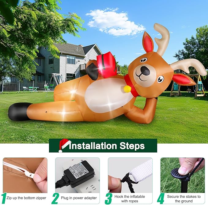 12 FT Giant Christmas Inflatable Reindeer Outdoor Decorations, Large Blow Up Reindeer with Gift Box Decor, Built-in LED Lights, Rapidly Inflate for Yard Lawn Party Holiday Garden Xmas Decorations