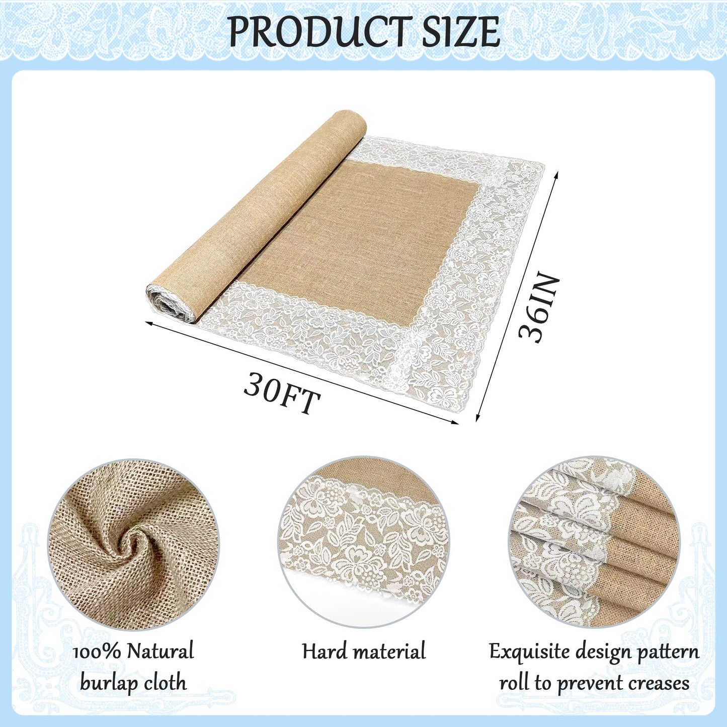 GoldenXin 3ft x 30 ft Natural Burlap Wedding Aisle Runner,Outdoor for Wedding Ceremony with Lace Jute Rustic Burlap Decorations Beach Garden Church Reception Craft Decor