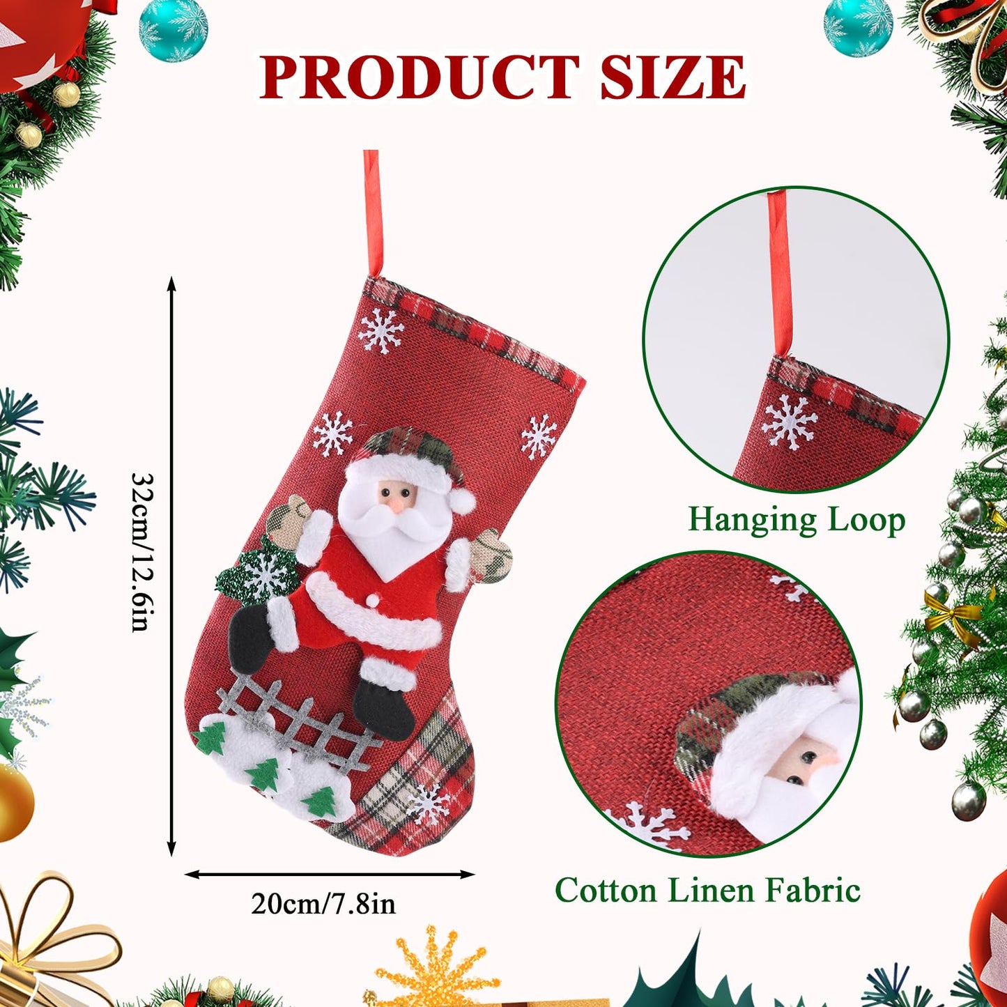 Poreids Christmas Stockings Personalized 4 Pack - Customized Small Xmas Stockings Bulk with Reindeer, Santa Claus, Snowman, Bear for Christmas Home Decorations, Set of 4