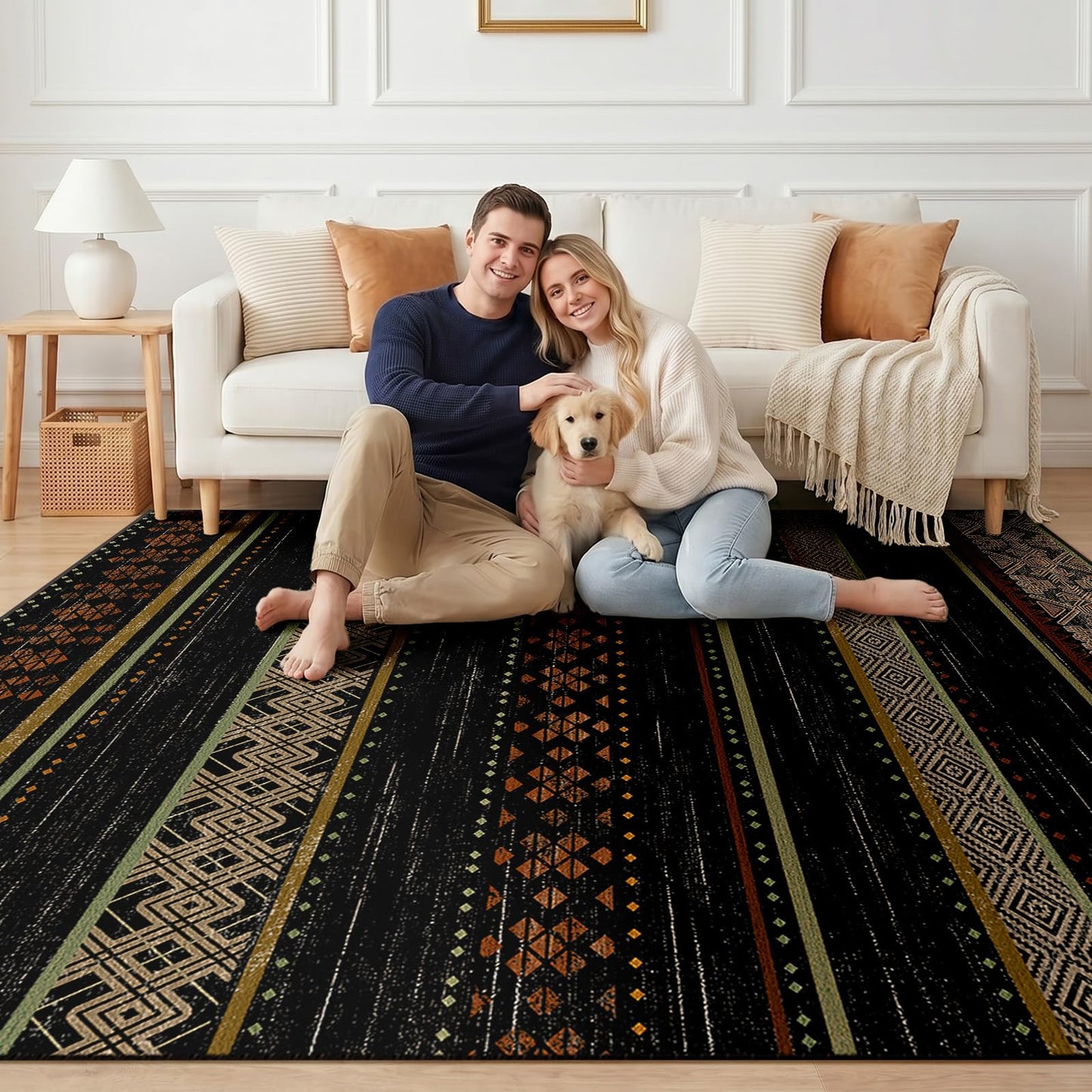 BESTSWEETIE 8x10 Area Rugs for Living Room Washable Moroccan Farmhouse Neutral Geometric Low Pile Non-Slip Soft Print Pattern Rug for Bedroom Kitchen Dining Room Entryway Black/Red/Brown/Cream/Yellow