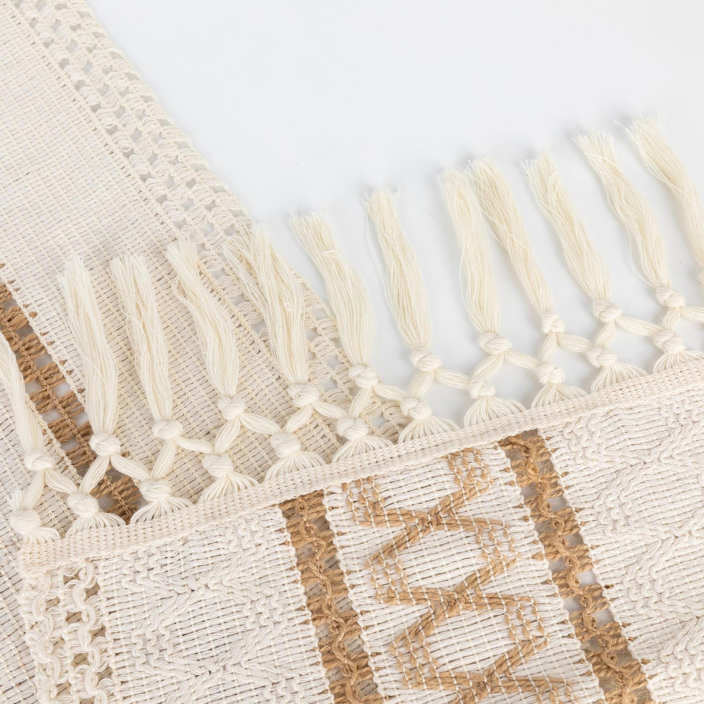 Boho Table Runner for Christmas ,Woven Cream & Brown Macrame Dining Table Runner Pottery Barn Farmhouse Rustic Burlap Home Chic Decor for Kitchen Bedroom Living Room New Year(12 x 70 in)