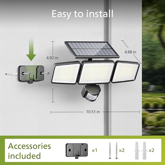Philips Solar Security Light Outdoor 302 LED 1200lm，Solar-Powered Waterproof Wall-Mounted Flood Light w/PIR Motion Sensor, 3 Heads, IP65 Waterproof, 3 Modes (4 Packs)