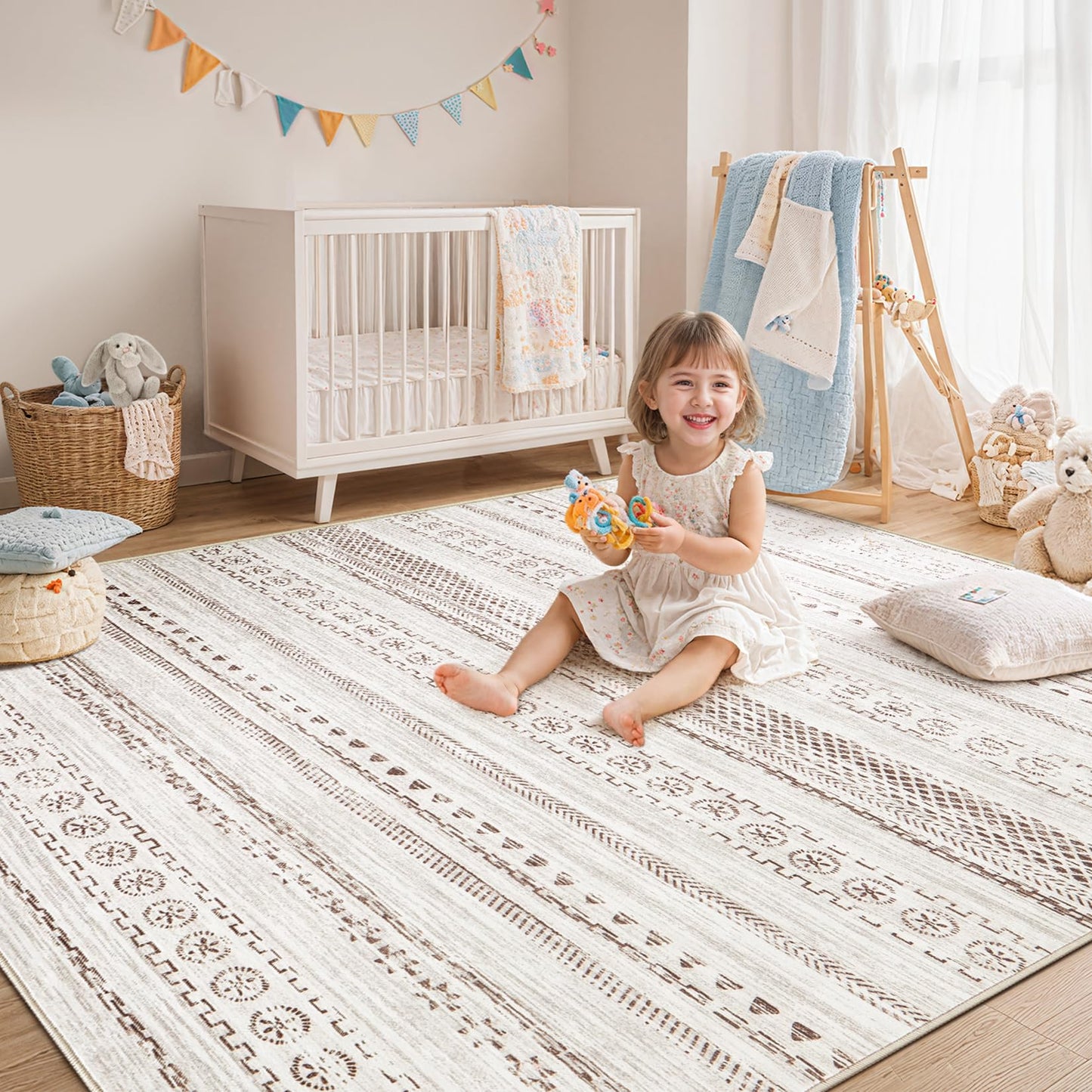kakania 5x7 Washable Area Rug: Non Slip Soft Thin Carpet, Boho Geometric Modern Decor, Easy Clean Indoor Floor Rugs for Living Room Bedroom Kids Dorm Office Dining - Brown