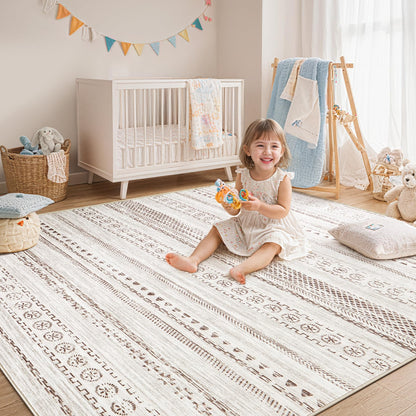 kakania 9x12 Washable Area Rug: Non Slip Soft Thin Carpet, Boho Geometric Modern Decor, Easy Clean Indoor Floor Large Rugs for Living Room Bedroom Kids Dorm Office Dining - Brown