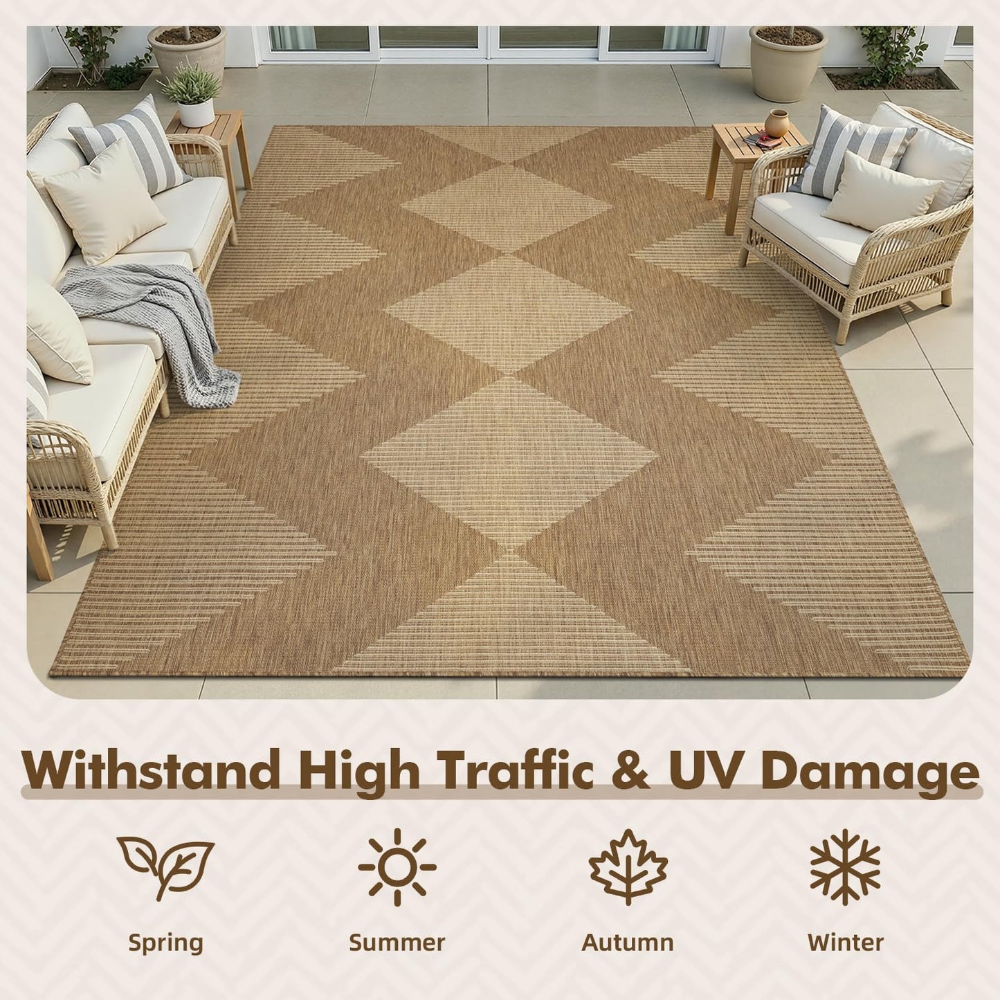 MontVoo-Outdoor Rug Carpet Patio Rug 5x7 ft Polypropylene Indoor Outdoor Rugs for Patio Deck Balcony Porch, Textured Weave, Durable for High Traffic, Fade-Resistant, Boho Geometric Neutral Brown