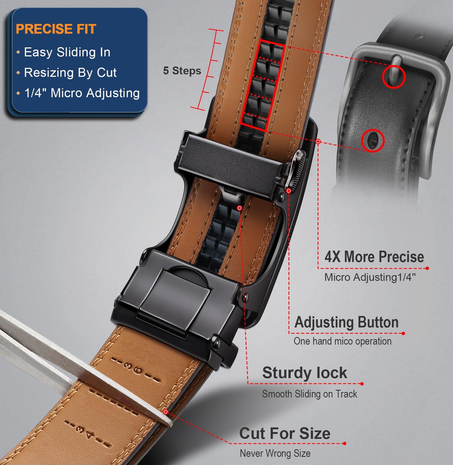 BULLIANT Men's Ratchet Belt 2 Pack-Click Leather Belt Adjustable for Men Gift 1 3/8-Cut for Perfect Fit(Black/Tawny,34"-40" Waist Adjustable)
