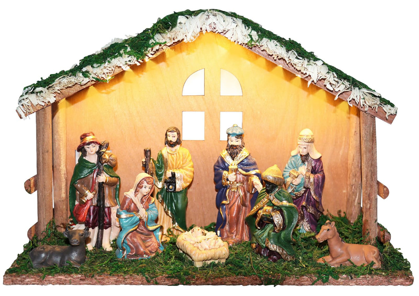PALZIK Lighted Christmas Nativity Set, Nativity Sets for Indoor with Wooden Stable, Nativity Scene Set & Figures for Christmas Decorations Indoor Tabletop Decorations