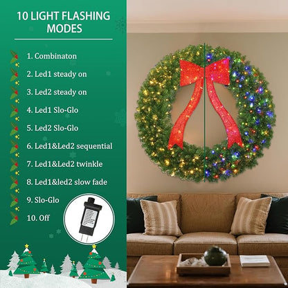 48in Prelit Christmas Wreath - Large Outdoor Christmas Wreath with Lighted Red Christmas Bow, Metal Hook, 714 Branch Tips & 250 Multicolor LED Lights for Front Door Window Holidy Decor