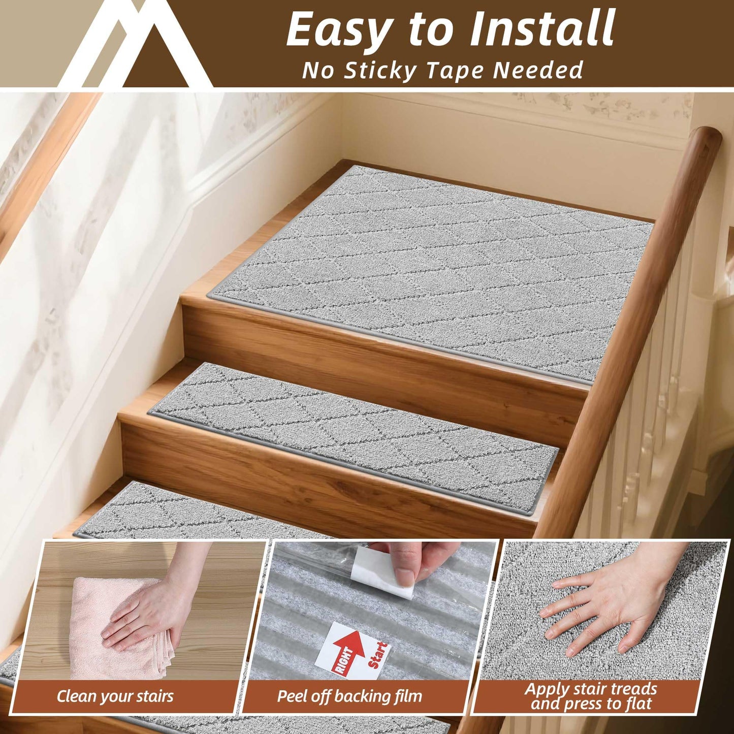 COSY HOMEER Edging Stair Treads Non-Slip Corner Indoor Stair Runners for Wooden Steps,Landing Slip Resistant Stair Rugs Mat for Kids and Dogs,100% Polyester TPE Backing,Grey,30x30 inch