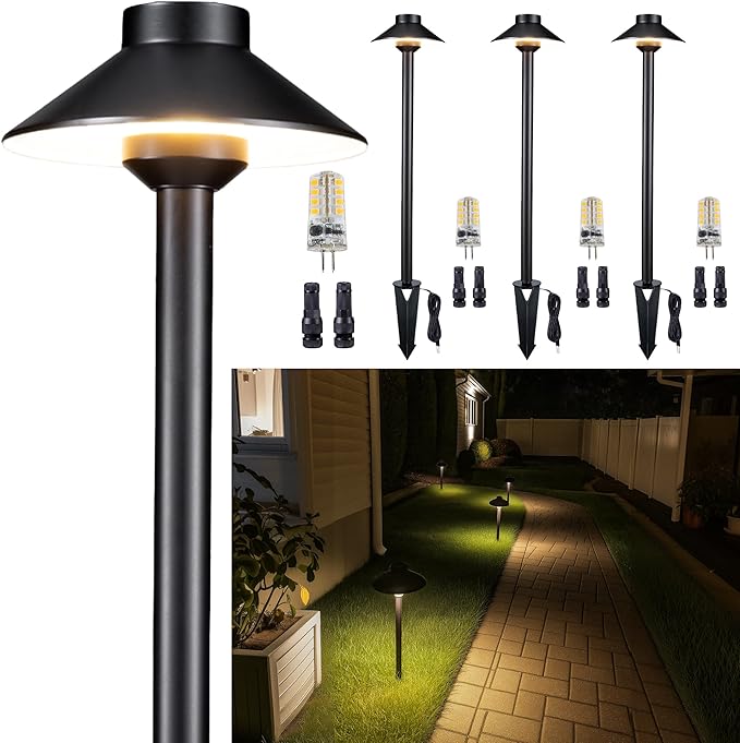 Gardenreet Outdoor Brass Pathway Lights, Low Voltage Landscape Path Lighting Wired, 12v Walkway Light LED Waterproof, Black for Outside Garden Yard with 3W 270LM 3000K Soft White G4 Bulb (4 Pack)