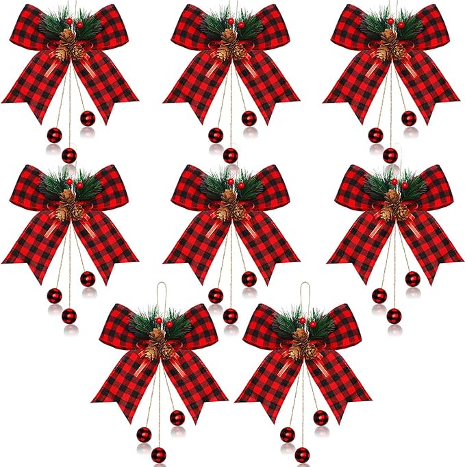 Xinnun 8 Pieces Christmas Buffalo Plaid Bows with Pine Cones Pine Needles Xmas Plaid Bow Ornament Christmas Tree Wreath Decoration for Holiday Parties DIY Crafts Home Decor (Red,Black)