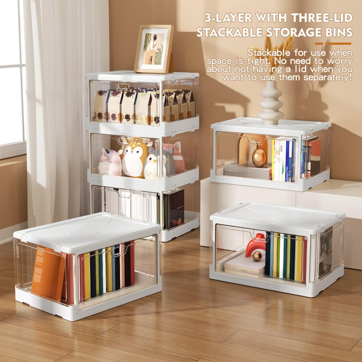 Kmiectse Clear Storage Bin with Lid 3 Pack 【Stackable & Sturdy】 Plastic Multifunctional Folding Storage Bins for Bedroom, Living Room, Study,Room, 23 QT Folding Box with Magnetic Door