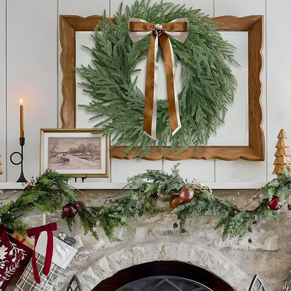Christmas Decorations - 2 Pcs 24 Inch Christmas Wreath, Norfolk Pine Wreath, Christmas Wreaths for Front Door, Christmas Door Wreath with Bow for Outdoor Indoor with Ribbon for Home Table Wall