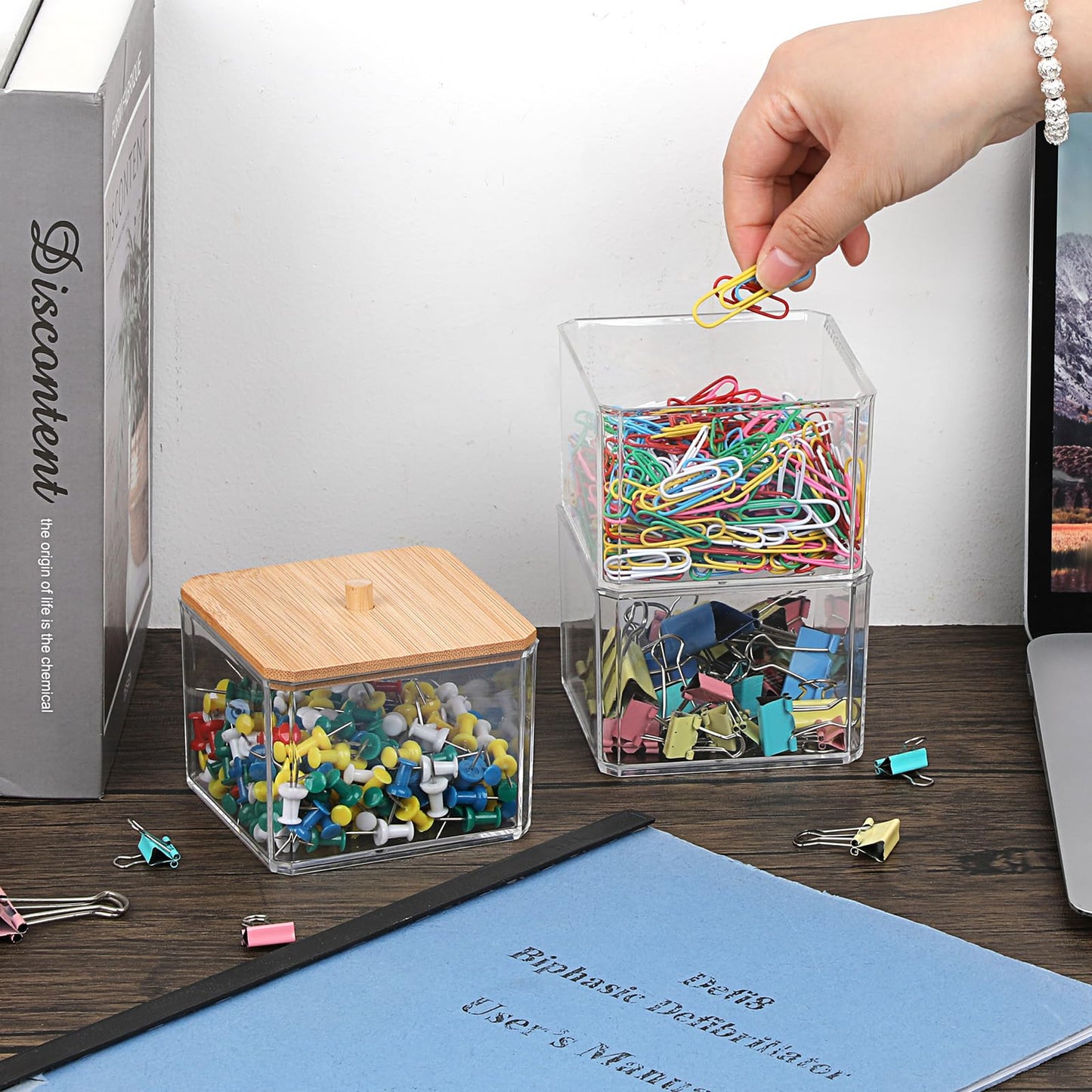 BTSKY Clear Stackable Paper Clip Holder with Bamboo Lid 3-Layer Paperclip Box Thick Acrylic Office Supply Accessory Organizer Square Small Storage Holder Cute Qtip Holder for Office Bathroom Vanity