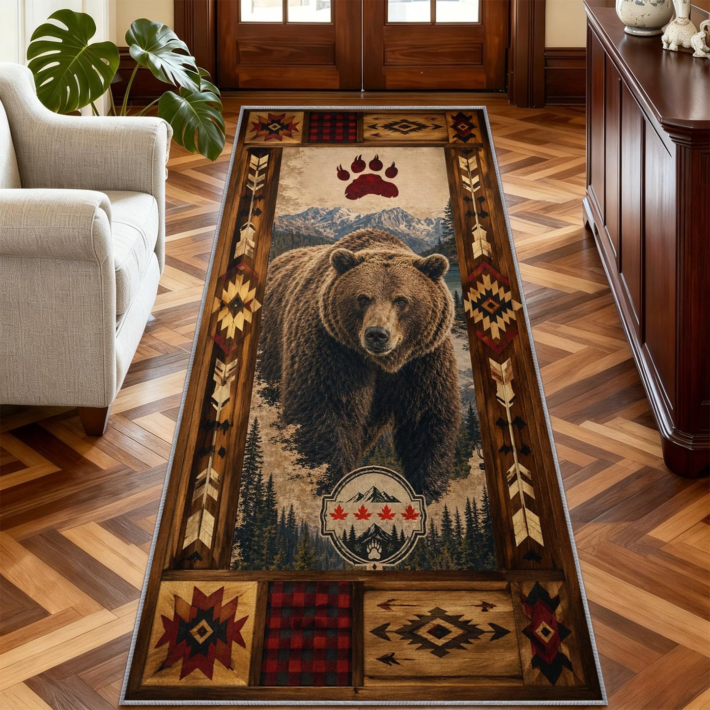 Brown Bear Runner Rug 3x8 Rustic Lodge Hallway Runner Rug, Farmhouse Rugs, Western Rugs for Hallway, Non-Slip Washable Low Pile Entryway Carpet for Kitchen Living Room Bedroom