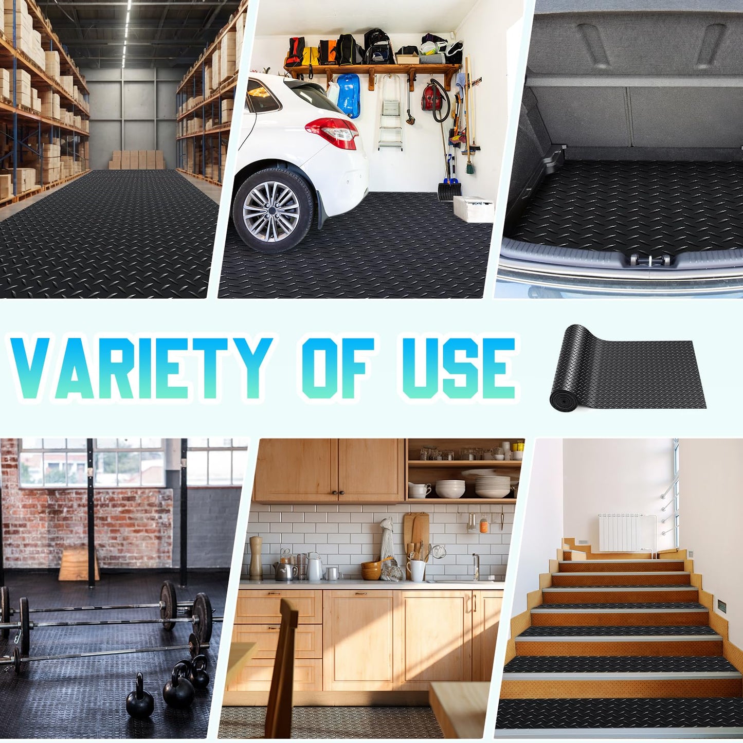 Breling 12 in x 20 ft Rubber Flooring Rolls Mats, Heavy Duty Diamond Plate Garage Floor Mat, PVC Water/Stain Outside Resistant Parking Rv Trailer Flooring (Black)