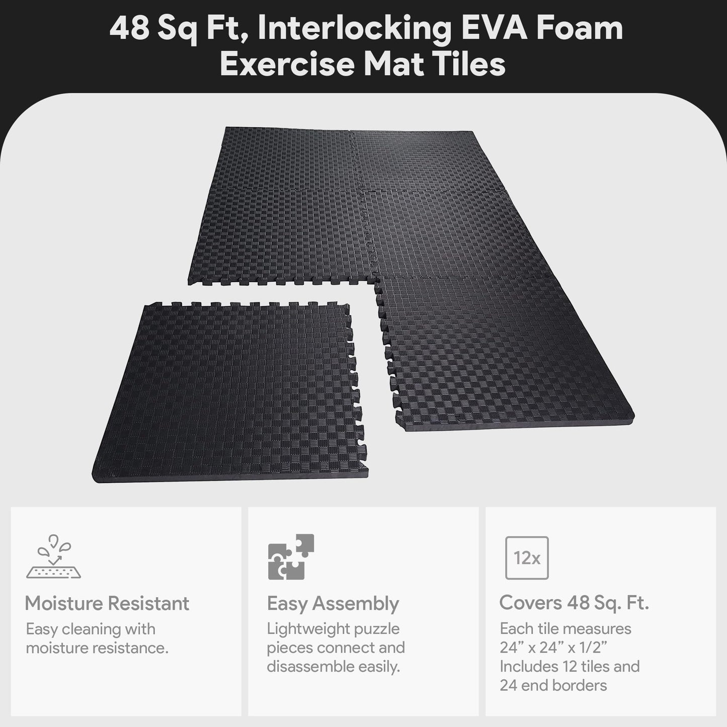 BalanceFrom Puzzle Exercise Mat 1/2" Thick, EVA Interlocking Foam Floor Tiles for Home Gym, Mat for Home Workout Equipment, Floor Padding for Kids, Black, 24 in x 24 in x 1/2 in, 48 Sq Ft - 12 Tiles
