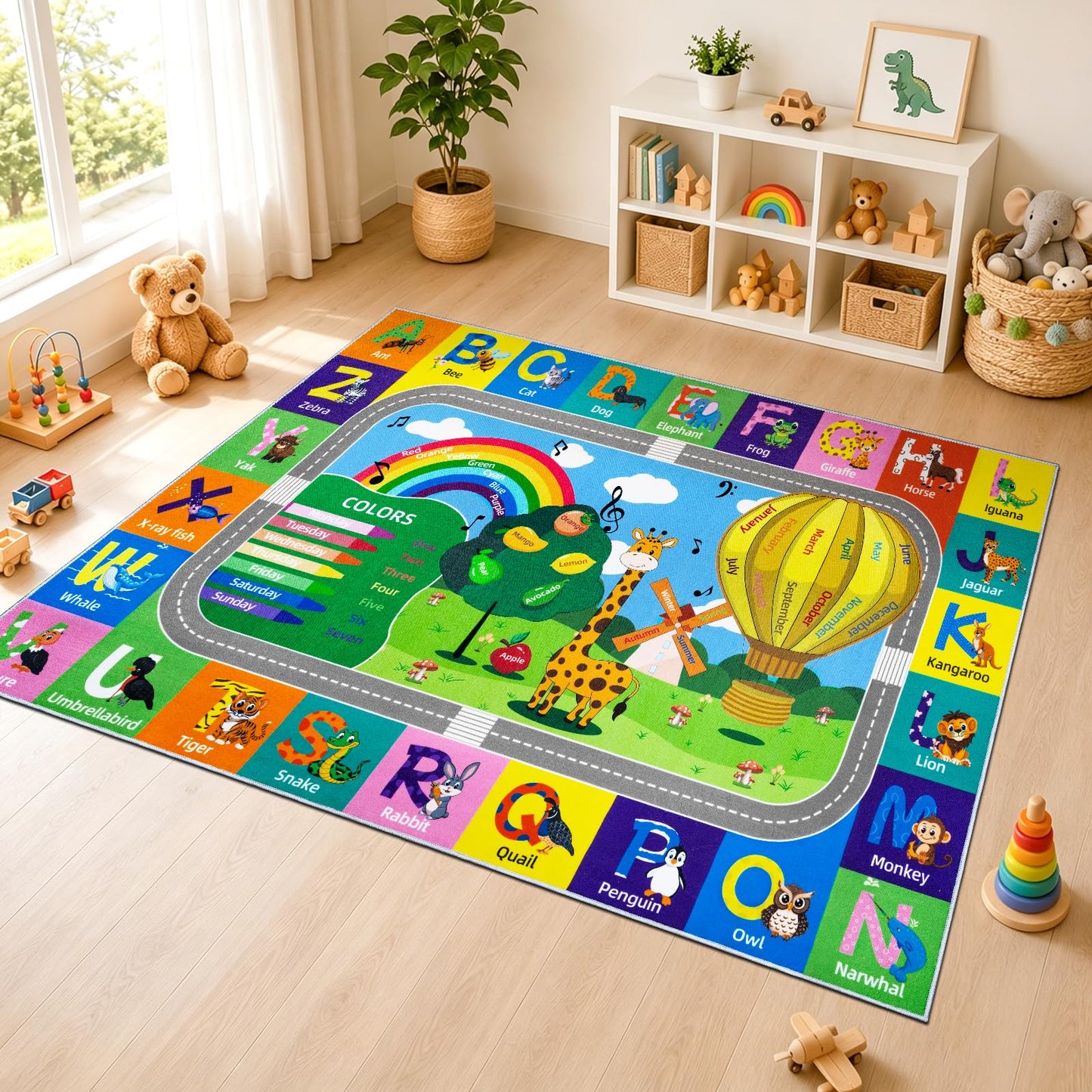 VSIWB Kids Rug for Playroom Educational ABC Rug Washable Play Mat Learning Alphabet Animals Numbers Non-Slip Soft Kids Carpet for Baby Toddler Classroom Nursery Bedroom Decor 5x7