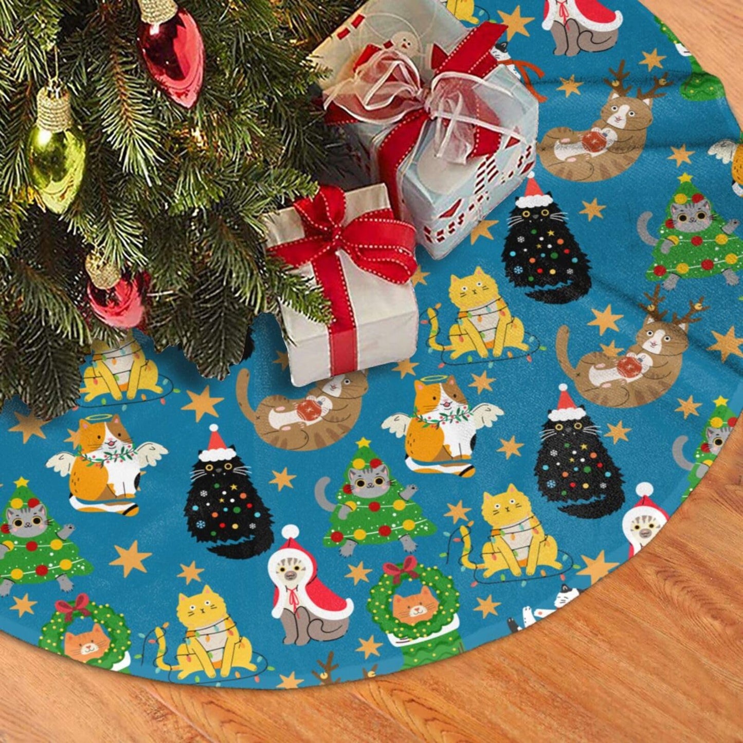 Cute Cats Christmas Tree Skirt, 48 inches Blue Kawaii Animal Tree Skirts Santa Xmas Mat Farmhouse Holiday Party New Year Supplies Ornaments Decorations for Mini Small Pencil Big Trees