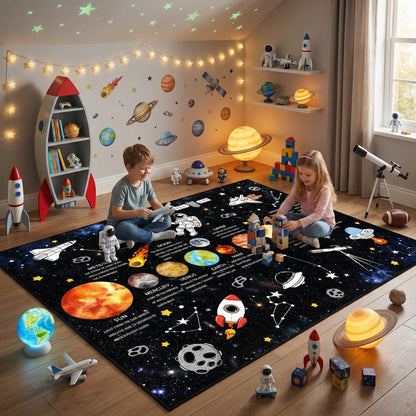 5x7 Ft Space Kids Rug for Boys Room, Playroom, Classroom, Nursery, Daycare, Educational Non-Slip Play Mat Carpet for Children Toddler Leaning Solar System, Washable & Soft Galaxy Star Rug-Faux Wool