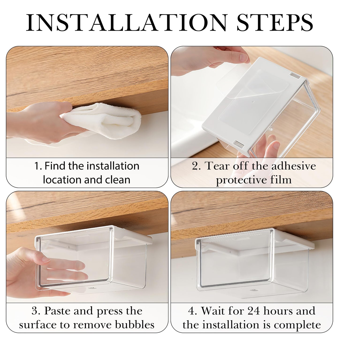 LUWOO 2 Pack Self-Adhesive Under Desk Drawers, Slide Out Storage Organizer for Under Table and Mirror Cabinet, Clear Dispenser Box for Holds Cotton Swabs, Floss Picks, Hair Clip, Rubber Band