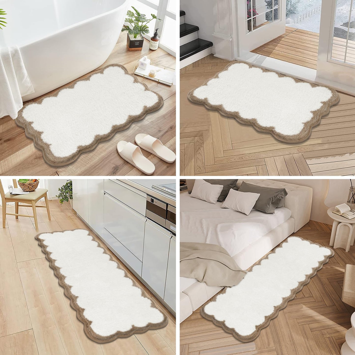 Pauwer Bathroom Rug Sets 3 Piece, Scalloped Bath Rugs, Beige and Khaki