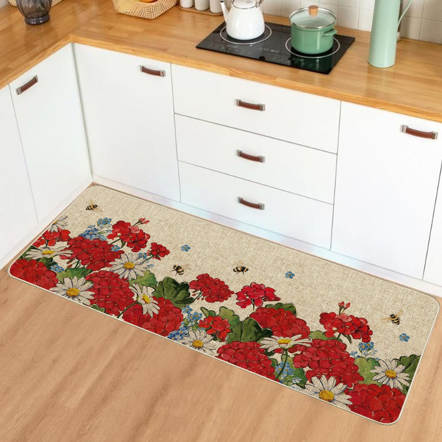 Tikeciti Spring Summer Red Geranium Kitchen Mats Set of 2, Bee and Flower Kitchen Rugs Seasonal Vibrant Daisy Holiday Floor Non-Slip Low Profile Mat Farmhouse Home Decor 17x29 and 17x47 Inch
