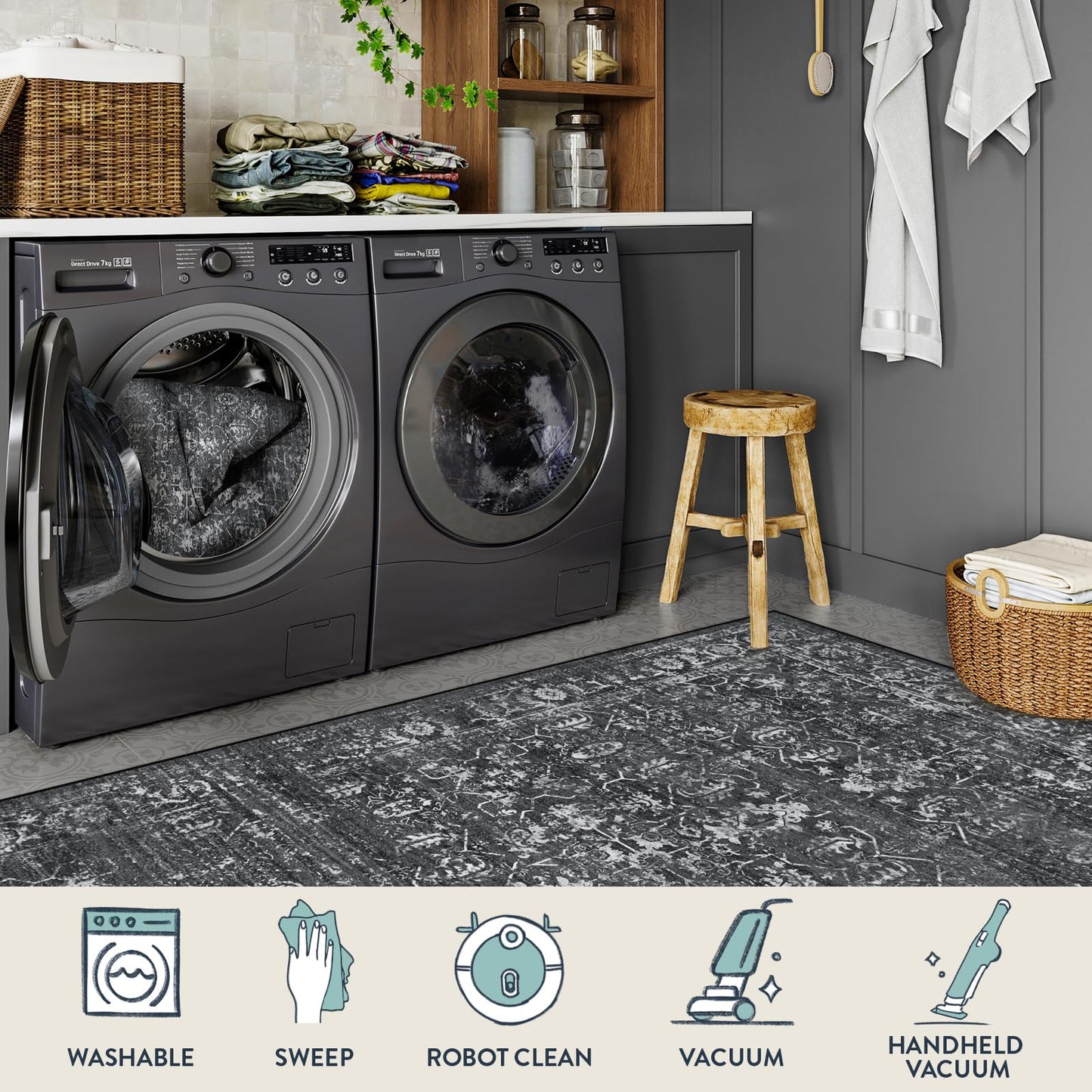 Lahome Margot 5x7 Washable Black Area Rugs for Living Room, Non Slip Bedroom Rug, Stain Resistant Floor Dining Room Carpet for Office Entrance Decor