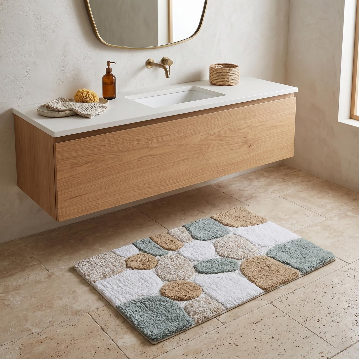 Cotton Pebble Stone Bath Rug 21x32 Inches - Grey Beige, Anti Slip Quick Dry Floor Water Absorbent Bathrug Ideal for Bathroom, Kitchen, Laundry Room | Soft Machine Washable Carpet for Tub Shower Patio