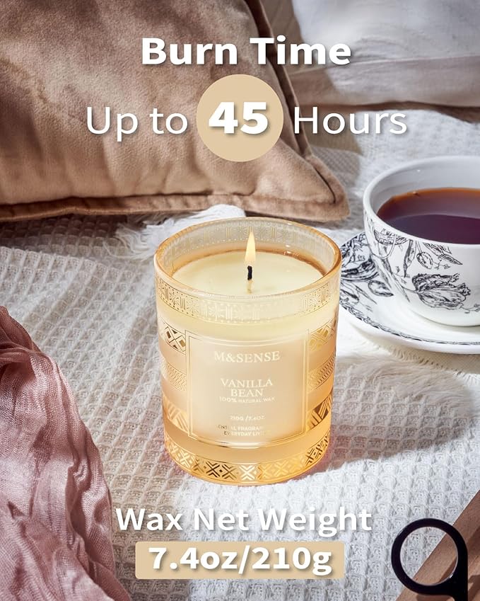 M&SENSE Vanilla Bean Scented Candles for Christmas Thanksgiving Gift Set, House Warming Gifts New Home, 7.4 oz 45 Hours Slow Burning, Natural Soy Candle for Home Scented