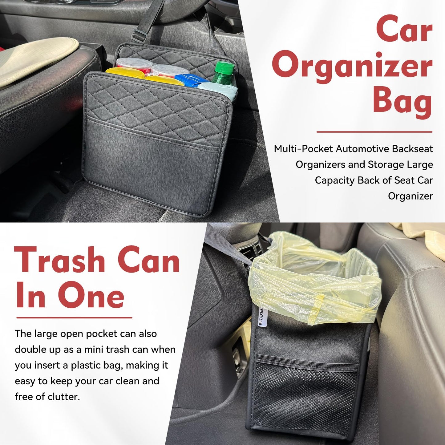 Witaxima Upgrade Car Seat Organizer Backseat with Storage Pockets, Multipurpose Car Organizer Hanging, Car Trash Bag Can,Premium PU Leather Garbage Can 2.14 Gallon Large Capacity, Black.
