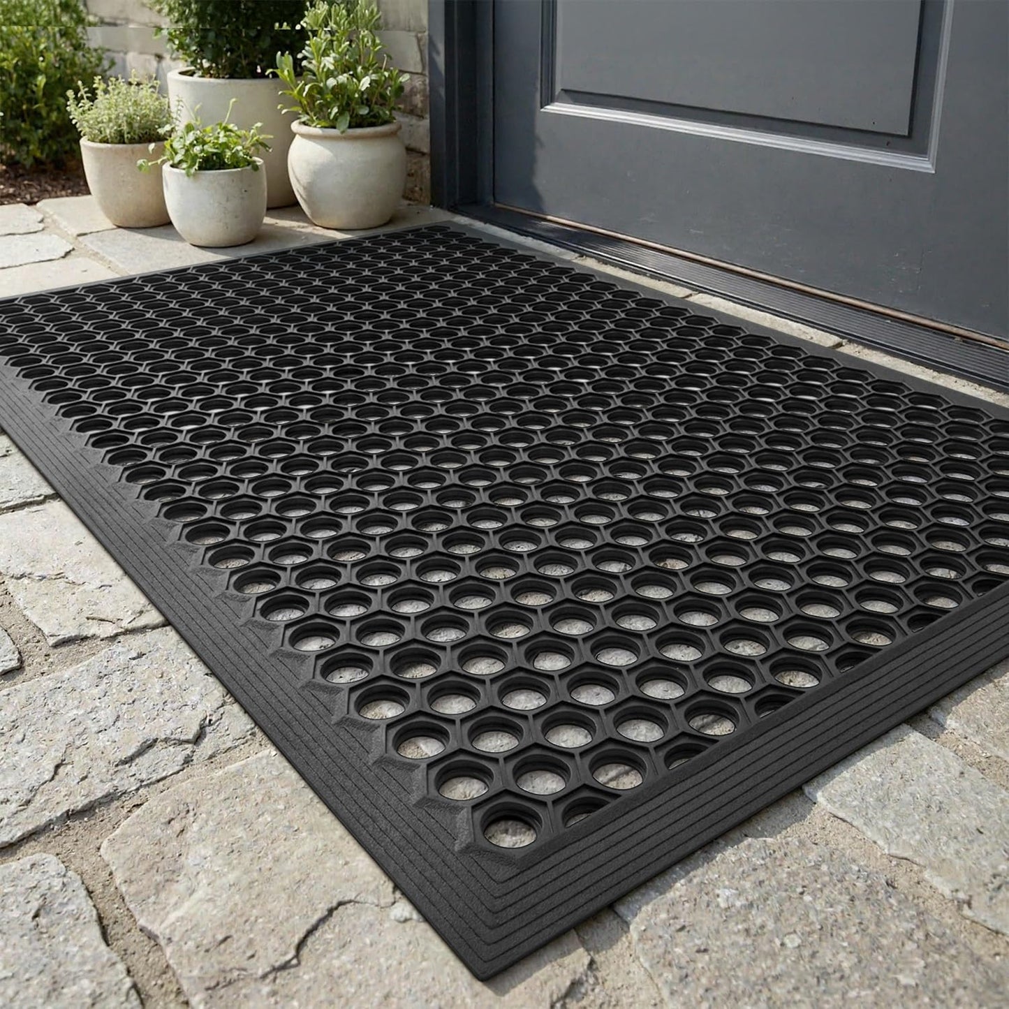RESARE Front Door-Mat Outside Entrance, 17"x30" Rubber Doormat Non Slip Waterproof, All Weather Welcome Matt-Outdoor Dirt Trapper Mud Mat Heavy Duty Door-Mats for Garage, Entryway (Black)