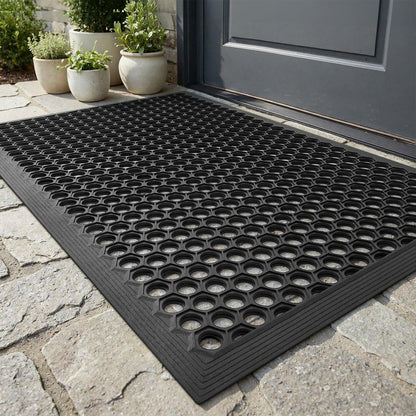 RESARE Front Door-Mat Outside Entrance, 17"x30" Rubber Doormat Non Slip Waterproof, All Weather Welcome Matt-Outdoor Dirt Trapper Mud Mat Heavy Duty Door-Mats for Garage, Entryway (Black)